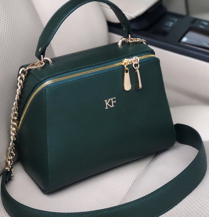 Leather Top Handle Bag, Green Leather Handbag Top Handle, Women's Leather Bag KF-3159 - Image 7
