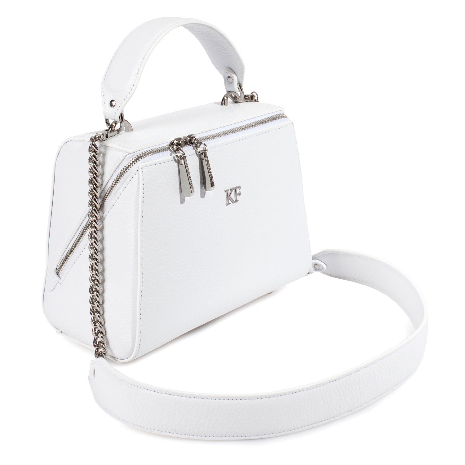 Leather Top Handle Bag, White Leather Handbag Top Handle, Women's Leather Bag KF-3652 - Image 2