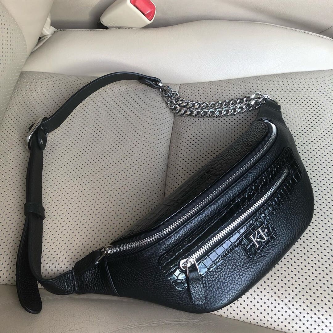 Leather women's Banana bag, Black Leather Banana bag, Women's Bananka bag, Leather belt Bananka bag KF-3758