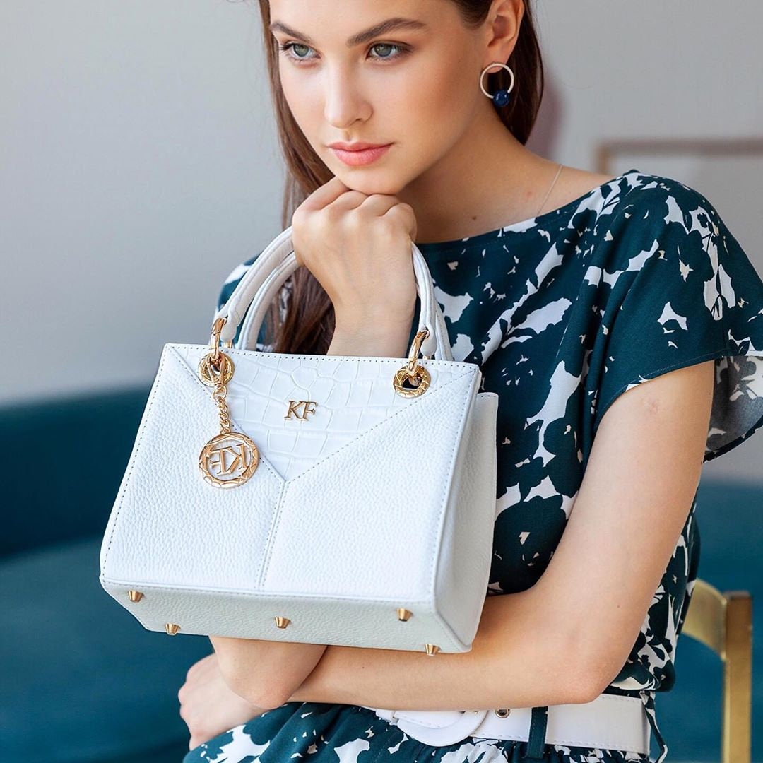 Leather Top Handle Bag, White Leather Handbag Top Handle, Women's Leather Bag KF-3661 - Image 7