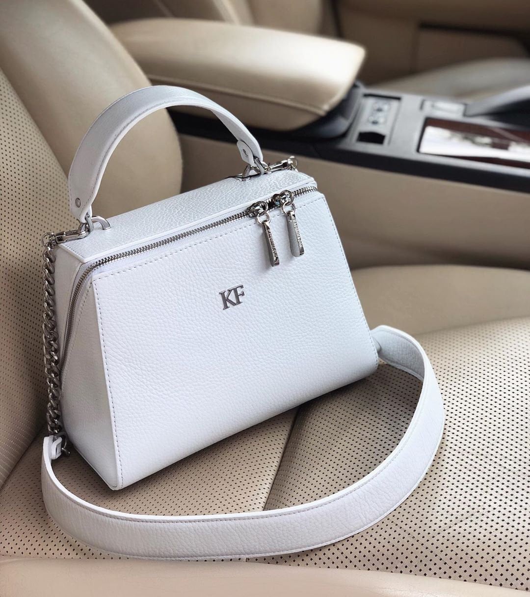 Leather Top Handle Bag, White Leather Handbag Top Handle, Women's Leather Bag KF-3652 - Image 7