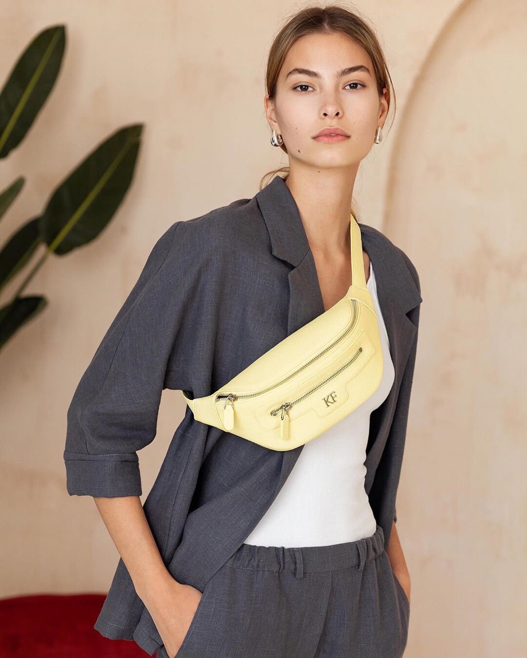 Leather women's Banana bag, Yellow Leather Banana bag, Women's Bananka bag, Leather belt Bananka bag KF-3501 - Image 5