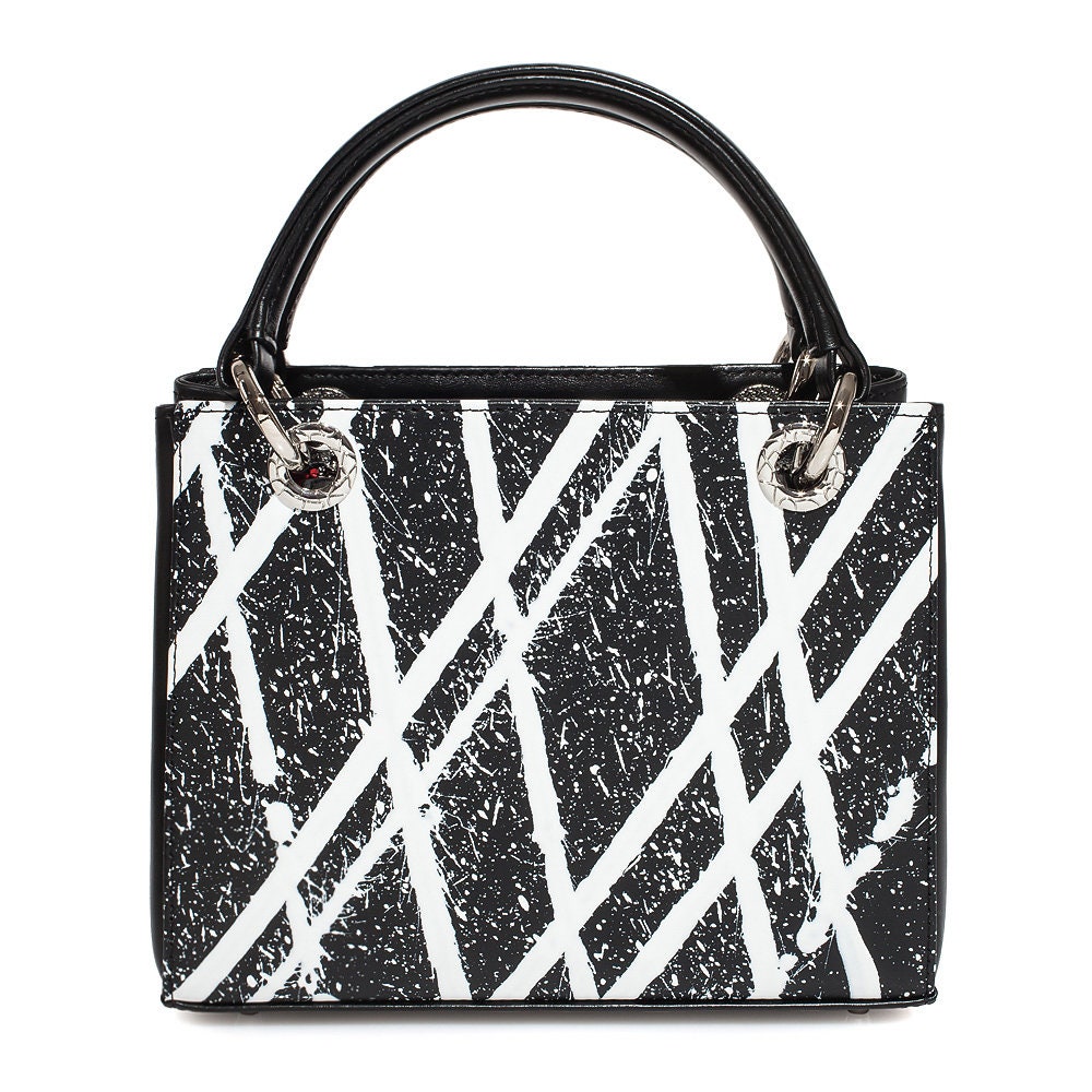 Leather Top Handle Bag, Black-white Leather Handbag Top Handle, Women's Leather Bag KF-3901 - Image 4