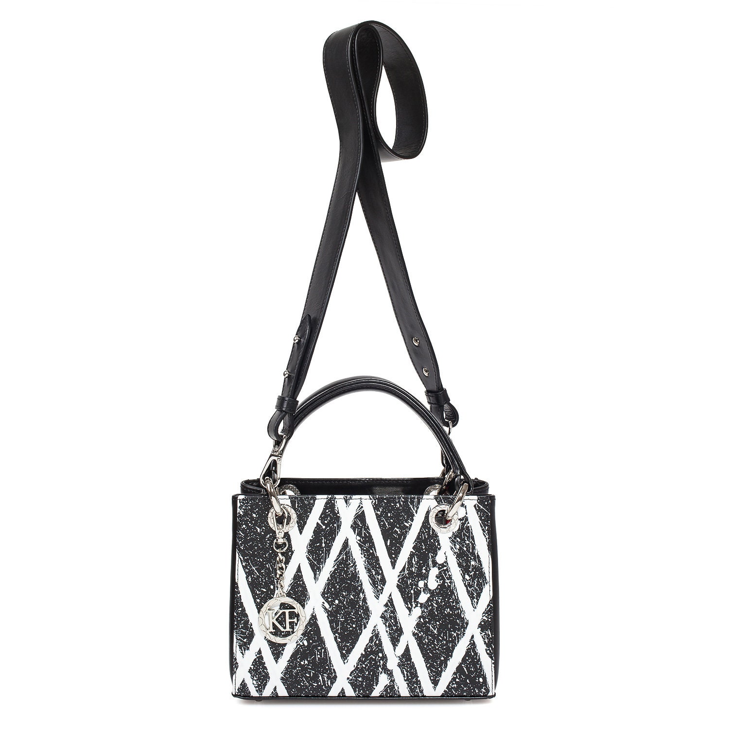 Leather Top Handle Bag, Black-white Leather Handbag Top Handle, Women's Leather Bag KF-3901 - Image 2