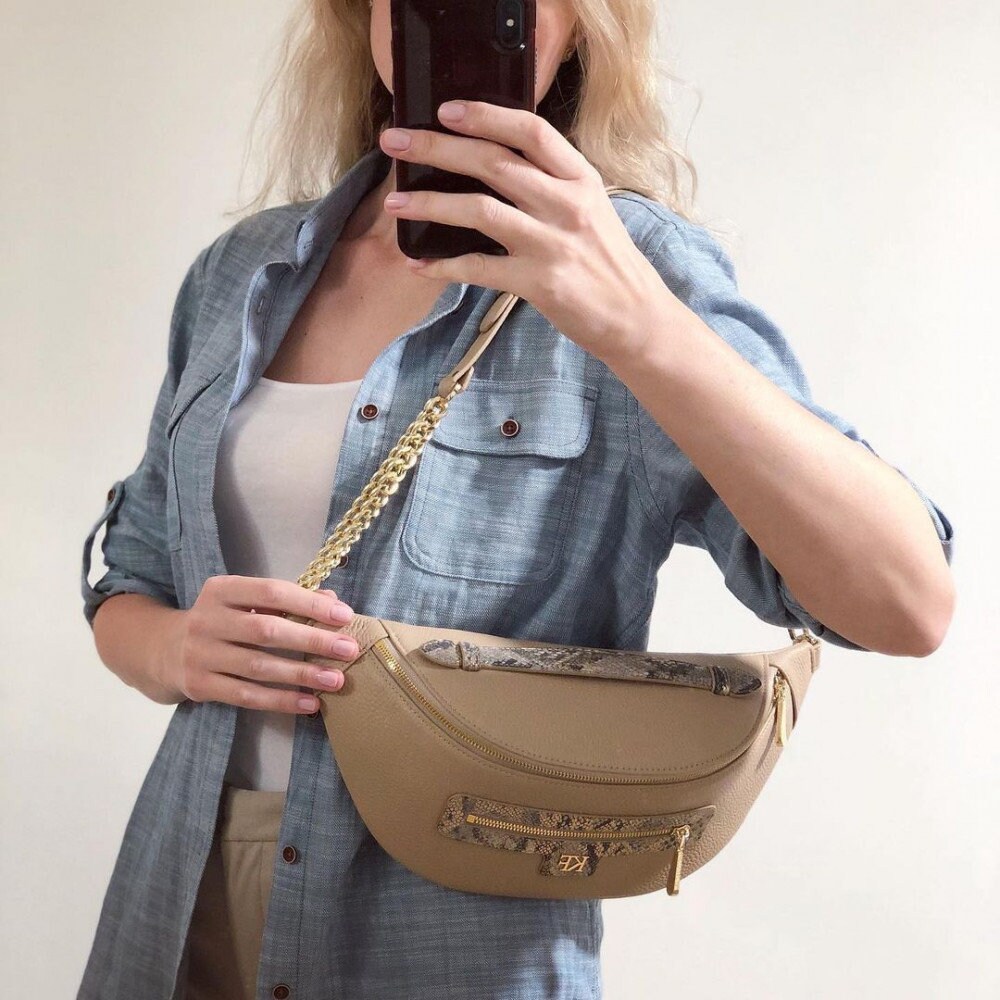 Leather women's Banana bag, Beige Leather Banana bag, Women's Banana bag, Leather belt Bananka bag KF-4402 - Image 5