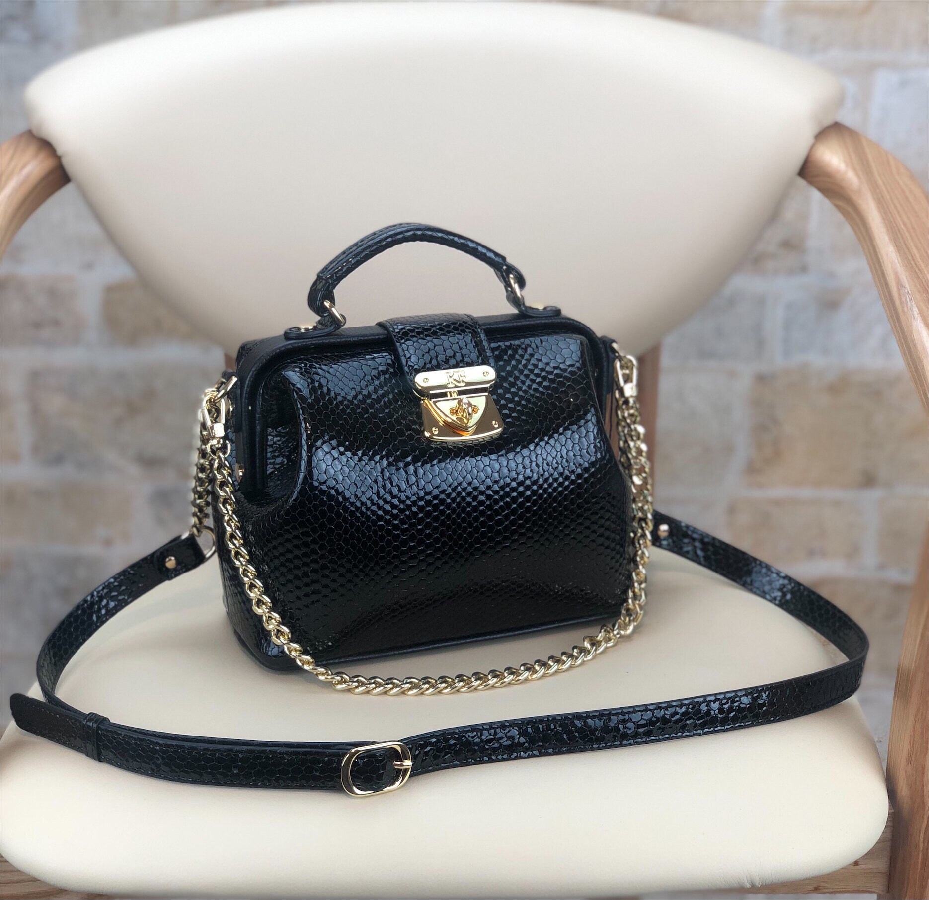 Leather Doctor Bag, Black Leather Shoulder Bag, Women's Leather Crossbody Bag, Leather bag KF-4853