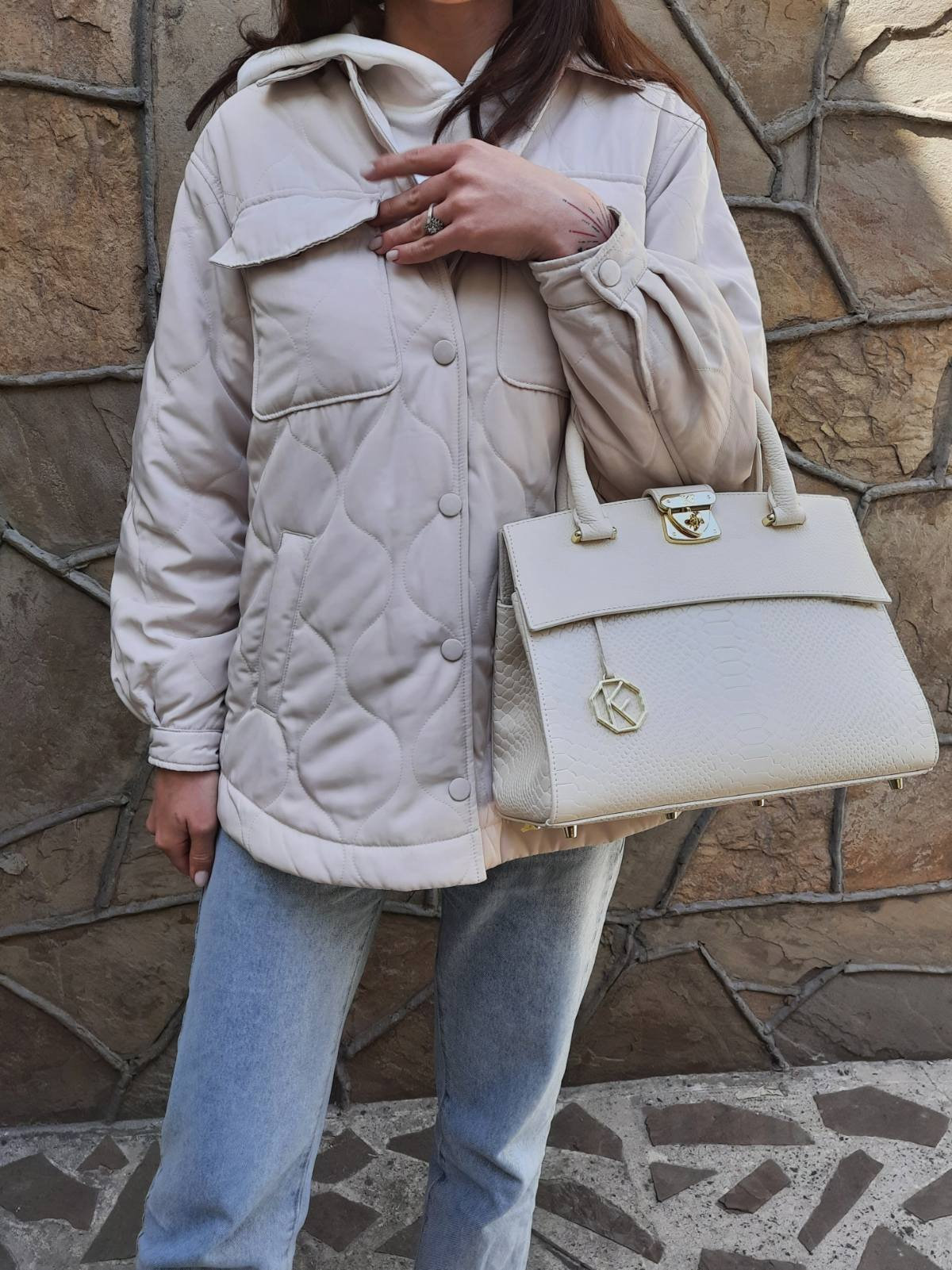 Leather Top Handle Bag, Cream Leather Handbag Top Handle, Women's Leather Bag KF-5034 - Image 6