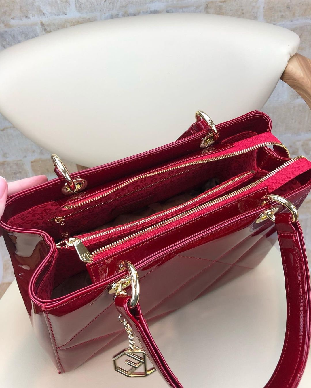 Patent Leather Top Handle Bag, Red Leather Handbag Top Handle, Women's Leather Bag KF-5000 - Image 3