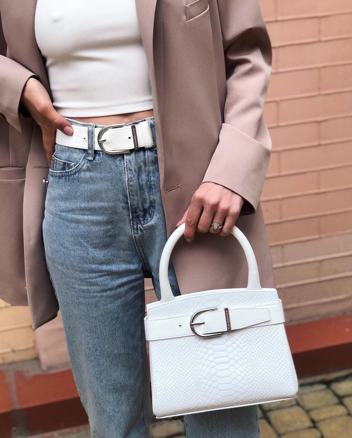 Leather Top Handle Bag, White Leather Handbag Top Handle, Women's Leather Bag KF-4986 - Image 3