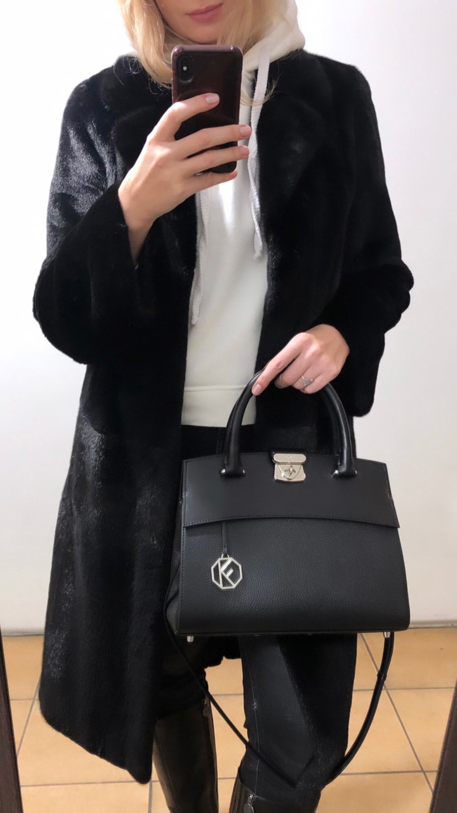 Leather Top Handle Bag, Black Leather Handbag Top Handle, Women's Leather Bag KF-4910 - Image 6