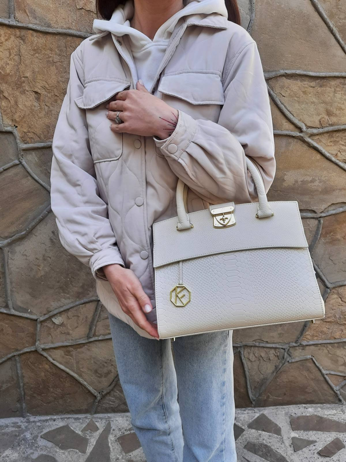 Leather Top Handle Bag, Latte Leather Handbag Top Handle, Women's Leather Bag KF-4998 - Image 6